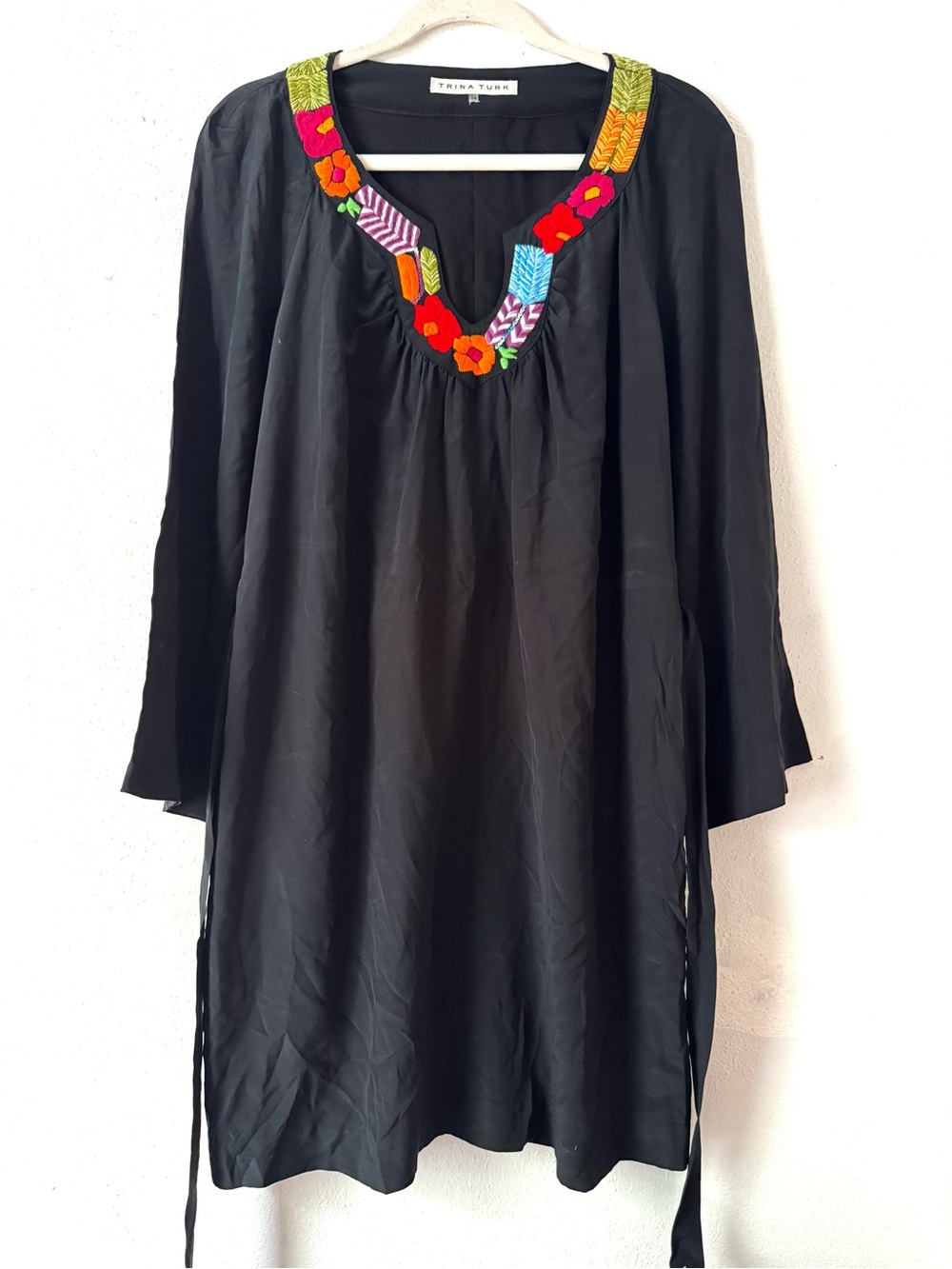 Trina Turk Black Embroidered Tie-Waist Tunic Dress with Colorful Floral Neckline - Picture 9 of 13